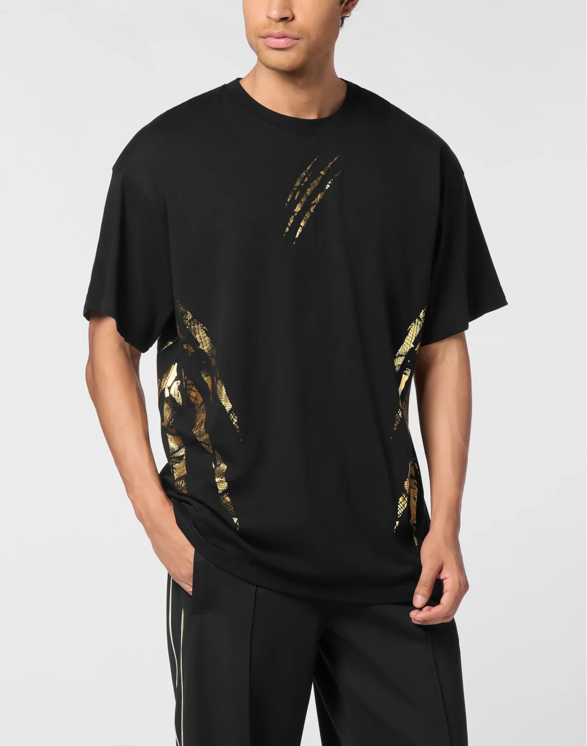 Cotton Round Neck T-Shirt Body Lines, цвет: Черный