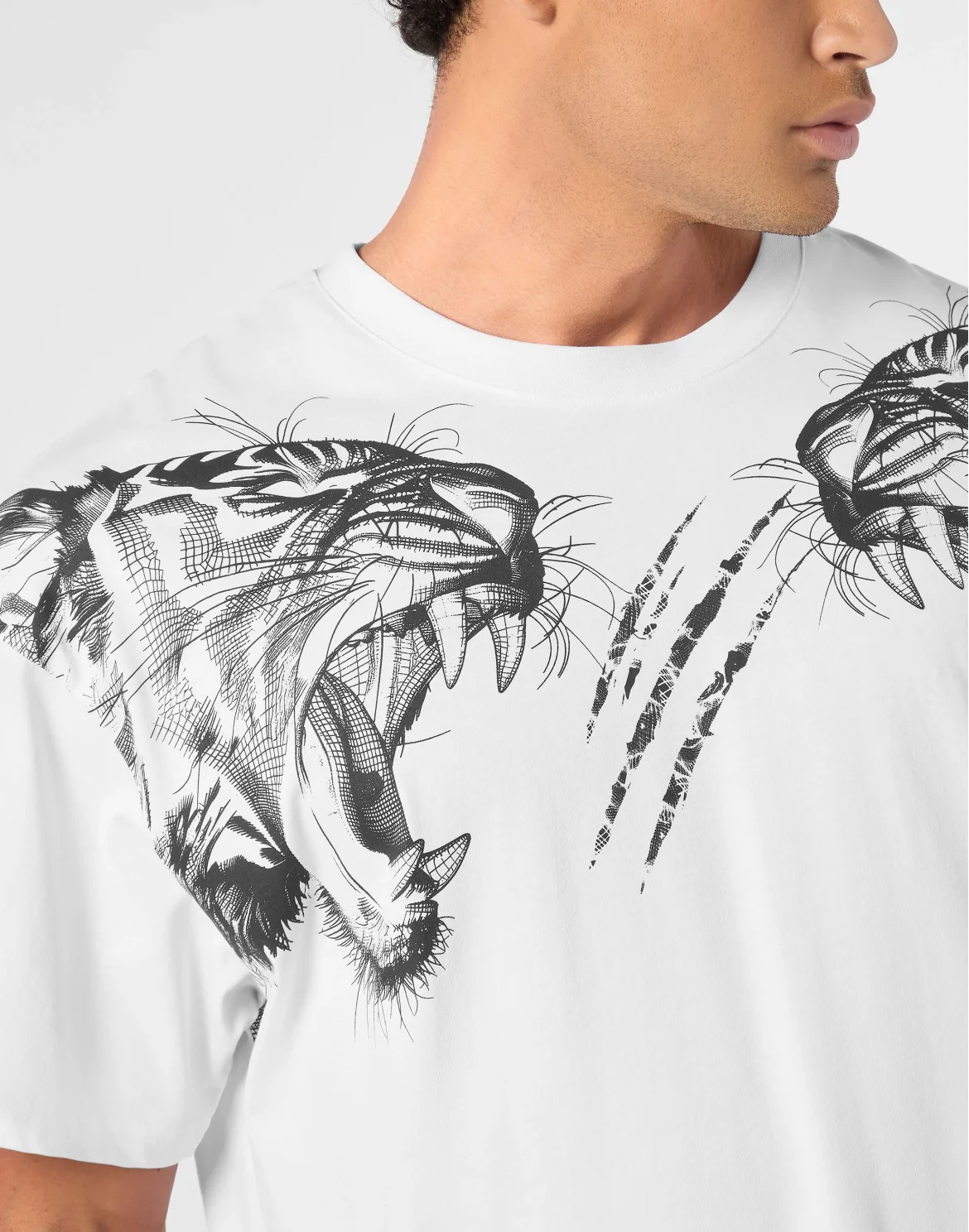 Cotton Round Neck T-Shirt Tiger Line, цвет: Белый