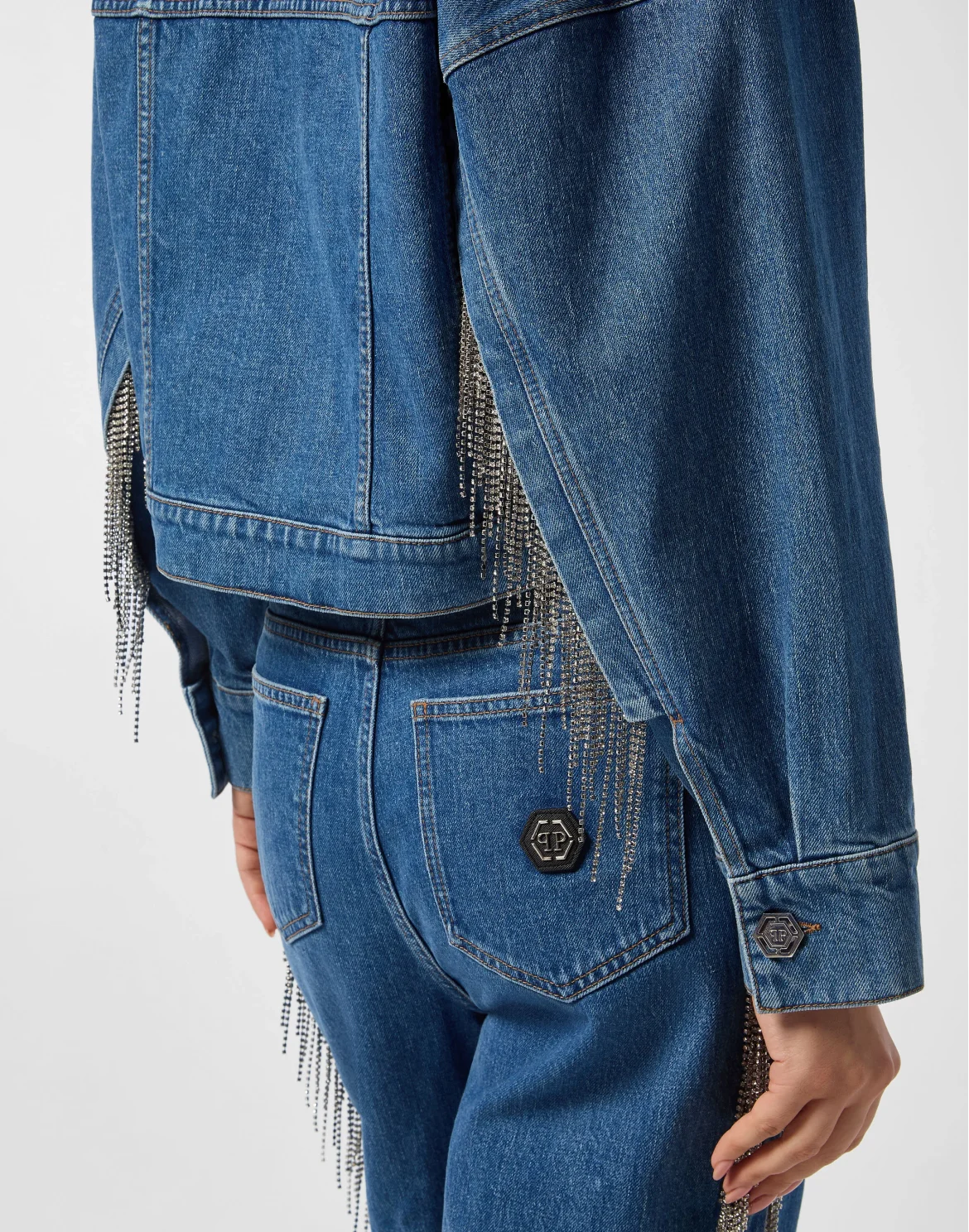 Denim Cropped Jacket Crystal Fringes, цвет: Синий