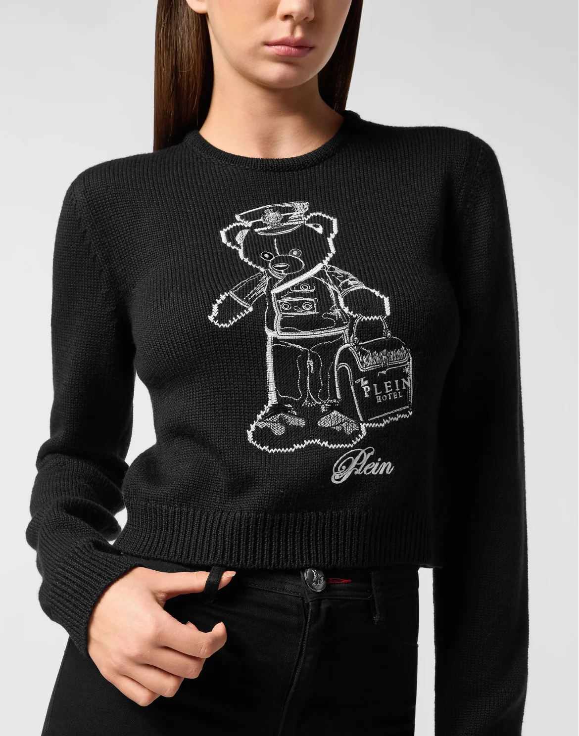 Cropped Round Neck Pullover Teddy, цвет: Черный