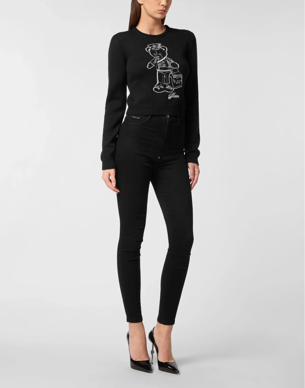 Cropped Round Neck Pullover Teddy, цвет: Черный