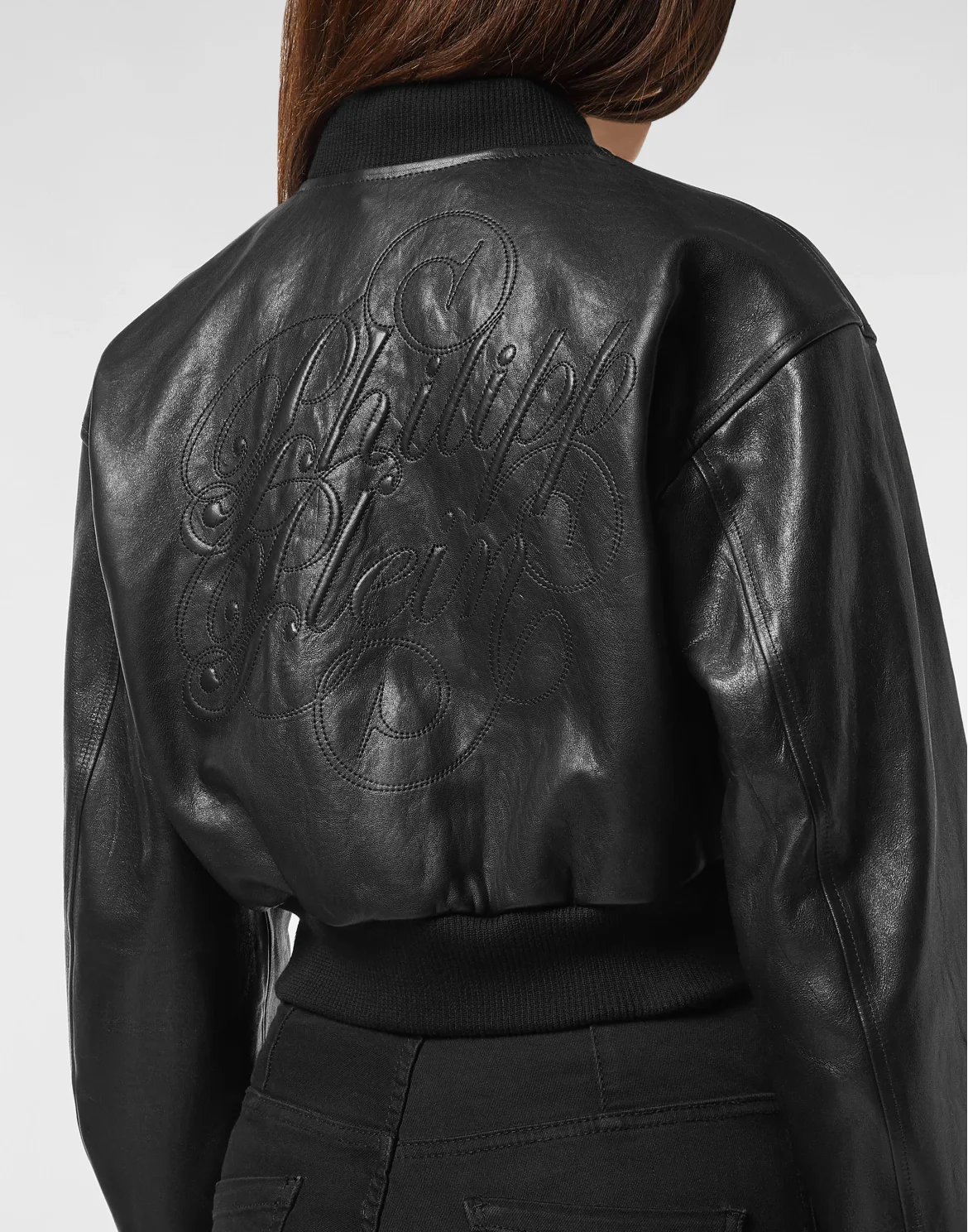 Cropped Leather Bomber Embossed Signature, цвет: Черный