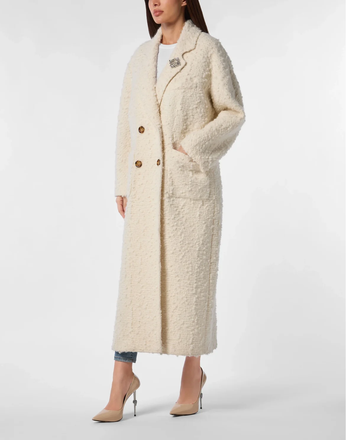 Boucle  Double-Breasted Long Coat, цвет: Бежевый