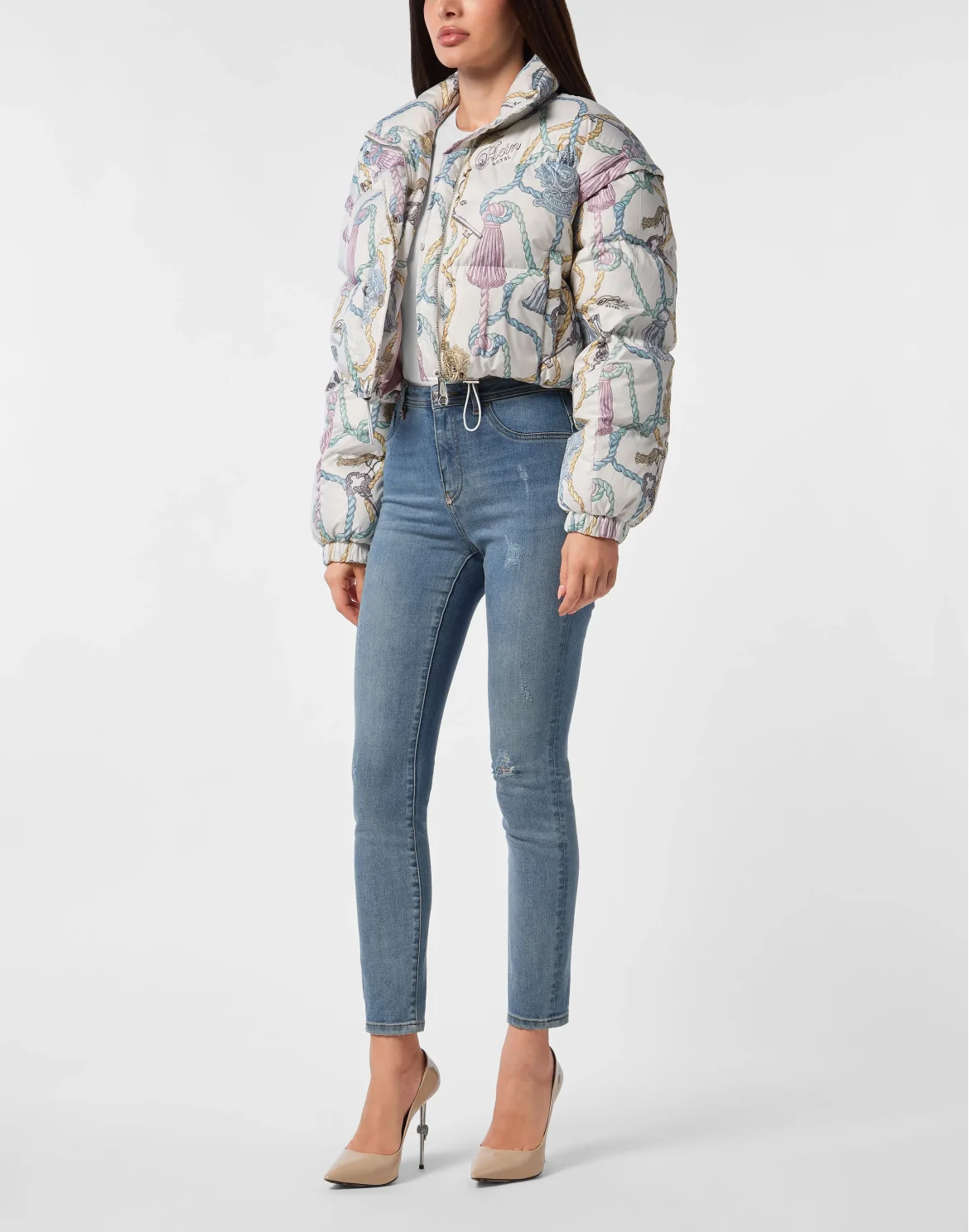 Nylon Cropped Down Puffer Jacket Tassels, цвет: Мультиколор