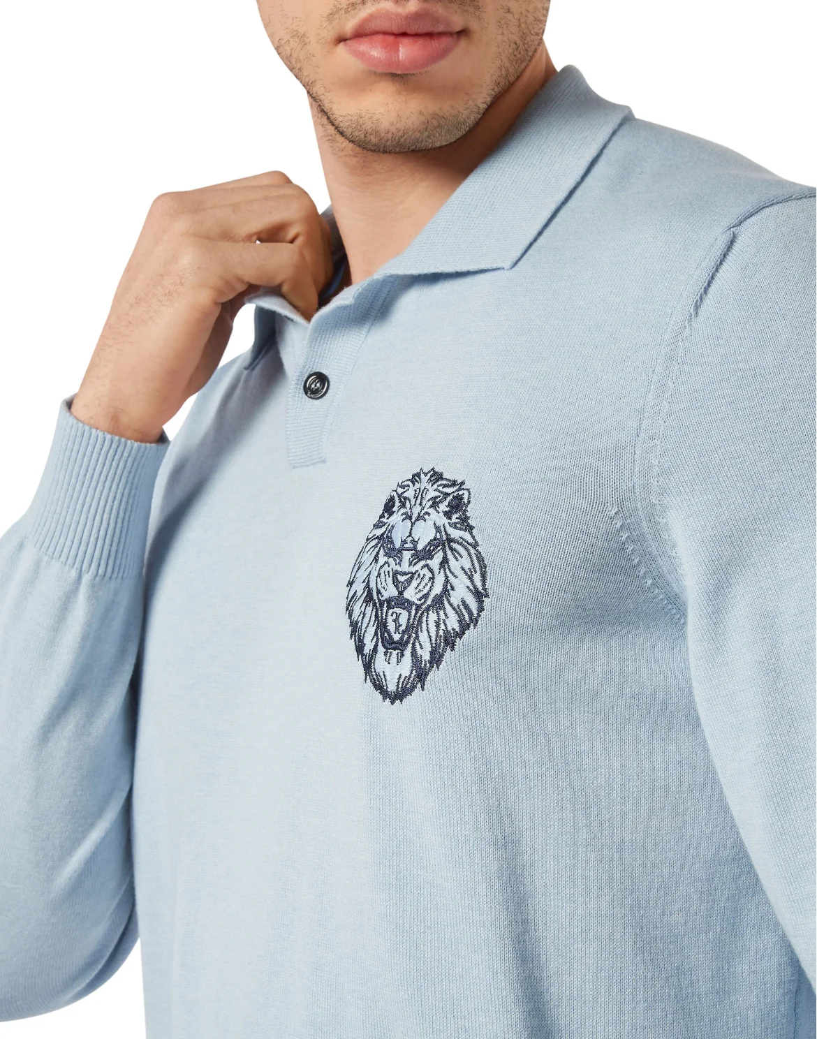 Wool/Cotton Pullover Polo-Neck LS, цвет: Голубой