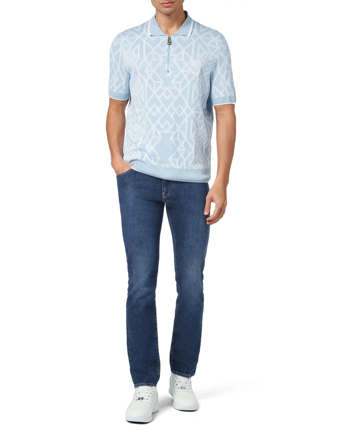 Cotton & Lino Zipped Polo Shirt SS, цвет: Голубой