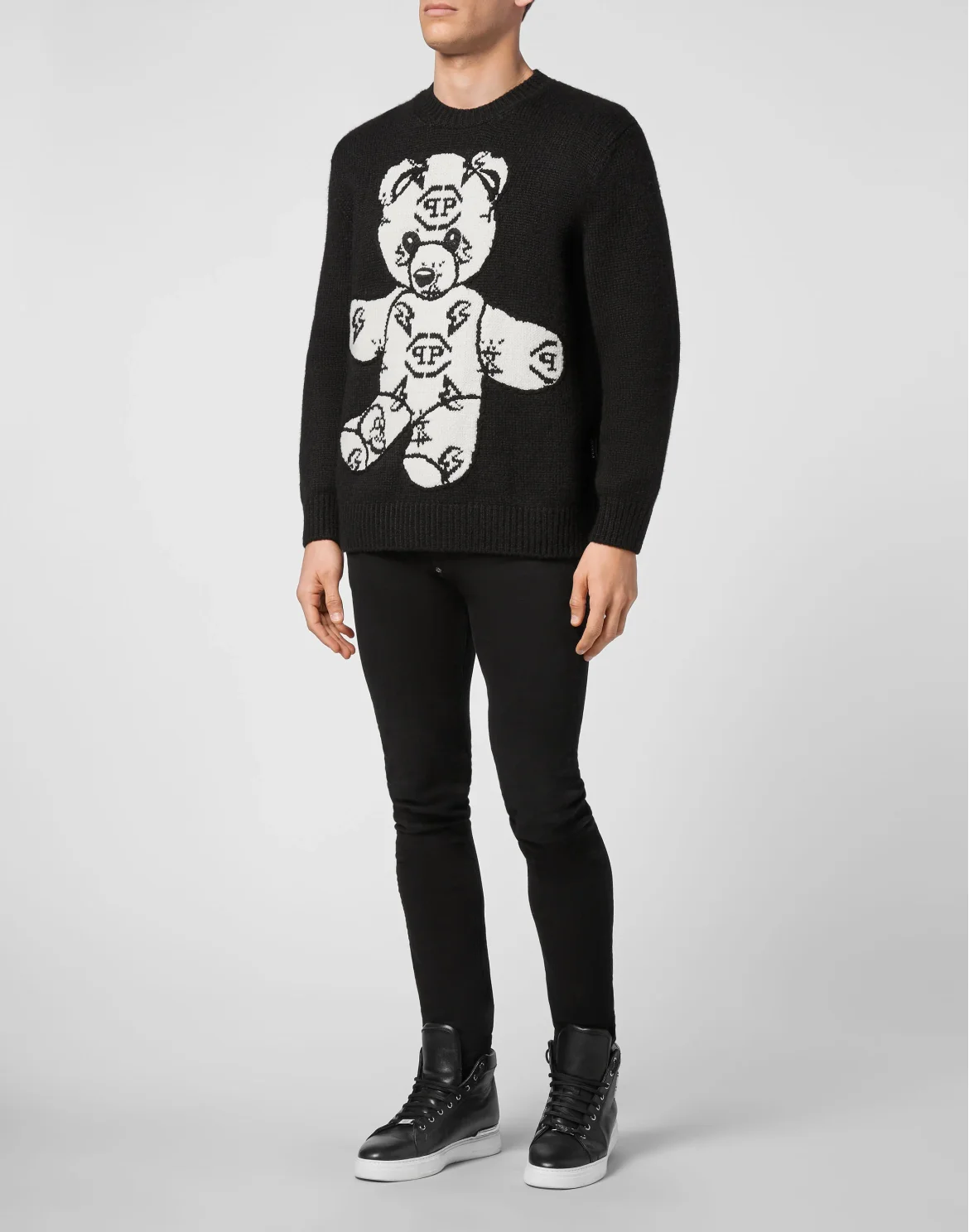 Wool Embroidery Jacquard Pullover Round Neck LS Teddy Bear, цвет: Черный