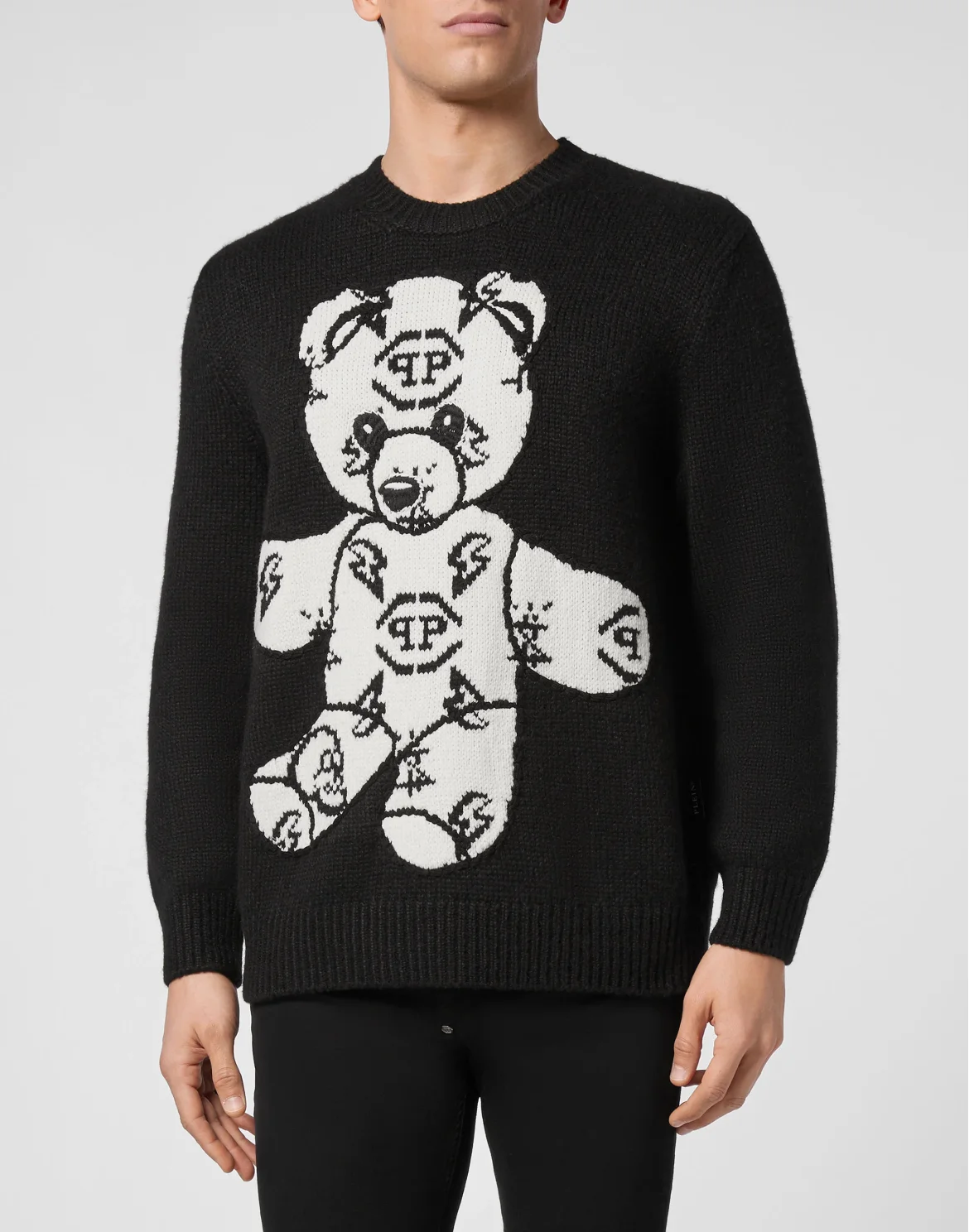 Wool Embroidery Jacquard Pullover Round Neck LS Teddy Bear, цвет: Черный