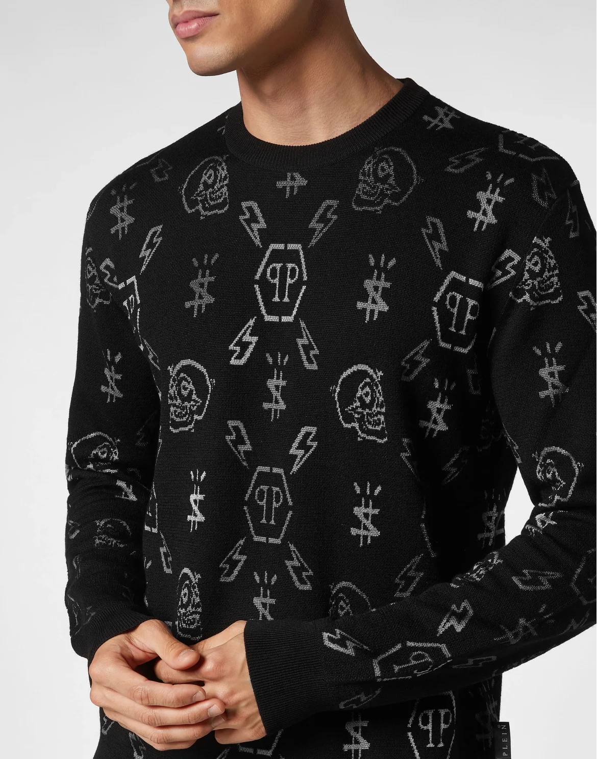 Merino wool Pullover Round Neck LS Jacquard Monogram, цвет: Черный