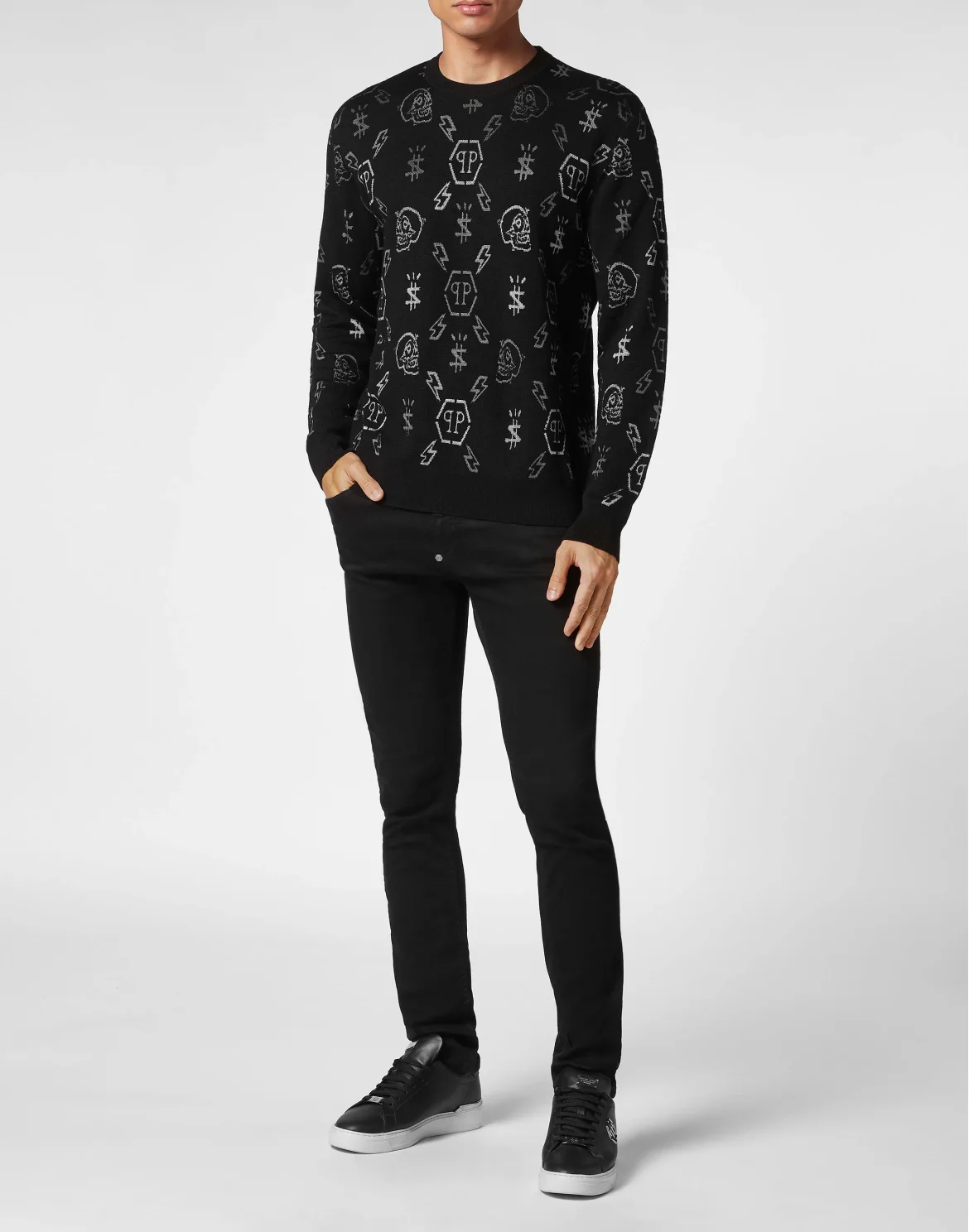 Merino wool Pullover Round Neck LS Jacquard Monogram, цвет: Черный