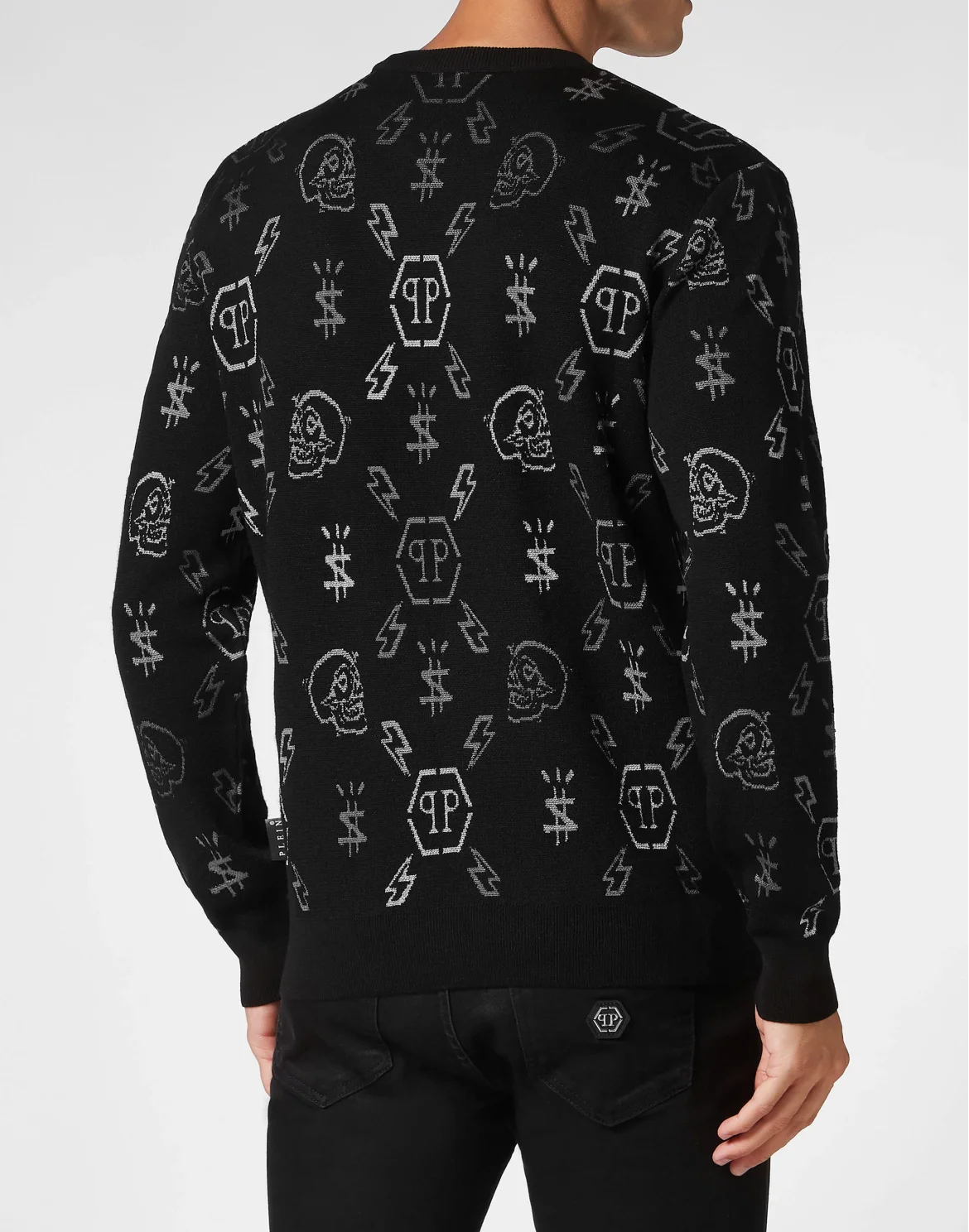 Merino wool Pullover Round Neck LS Jacquard Monogram, цвет: Черный