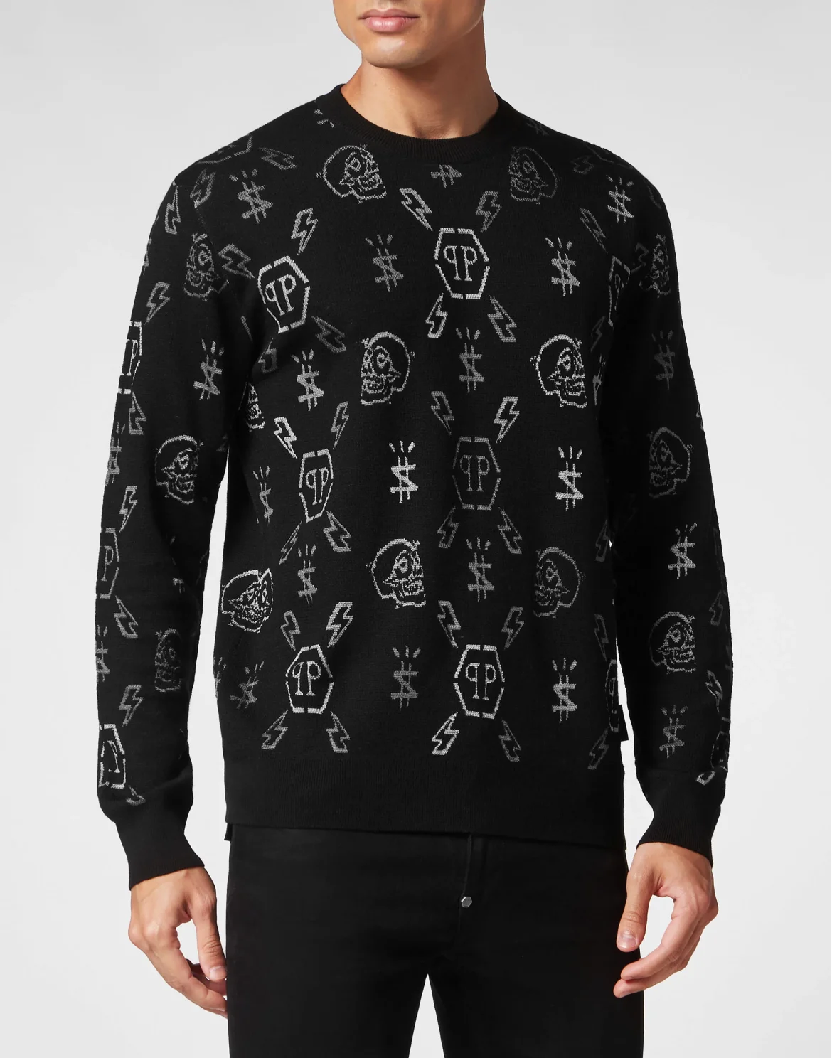 Merino wool Pullover Round Neck LS Jacquard Monogram, цвет: Черный