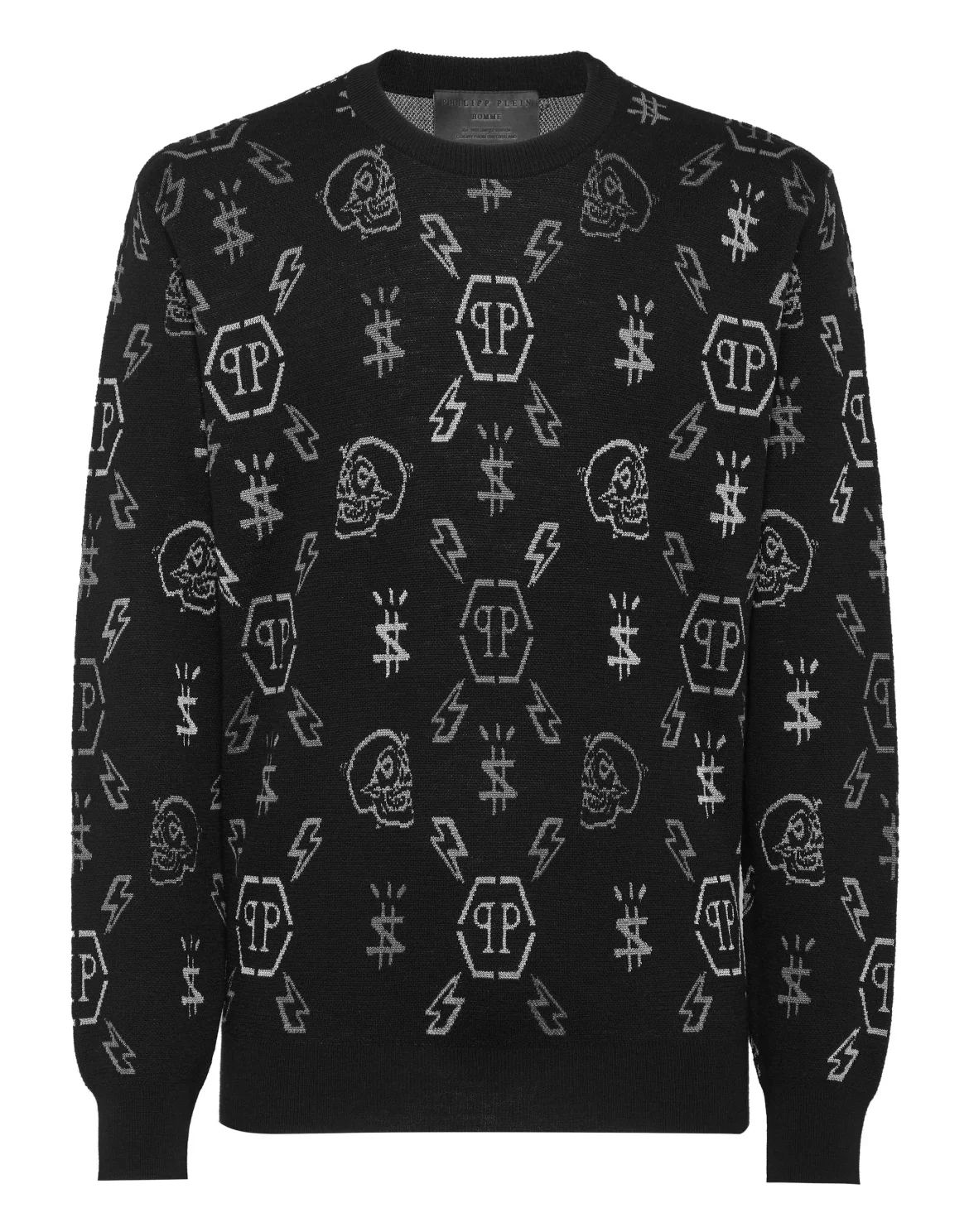 Merino wool Pullover Round Neck LS Jacquard Monogram, цвет: Черный