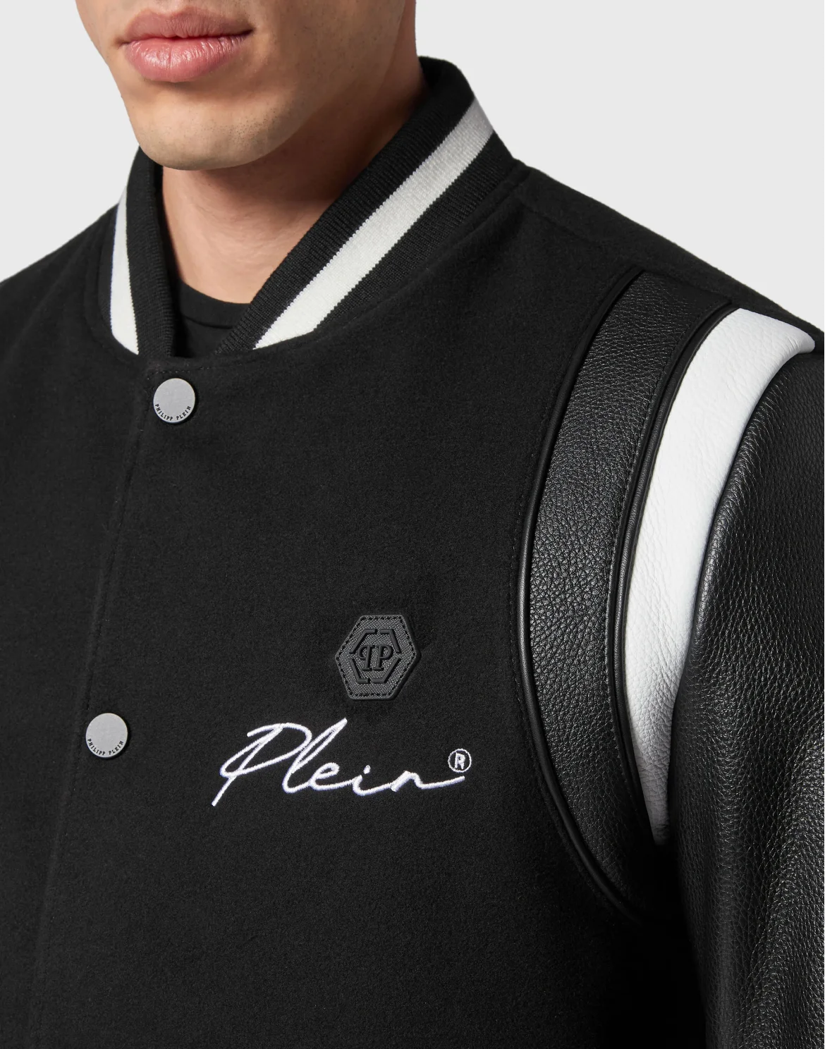 Slim Cut Wool And Leather Bomber Embroidery, цвет: Черный