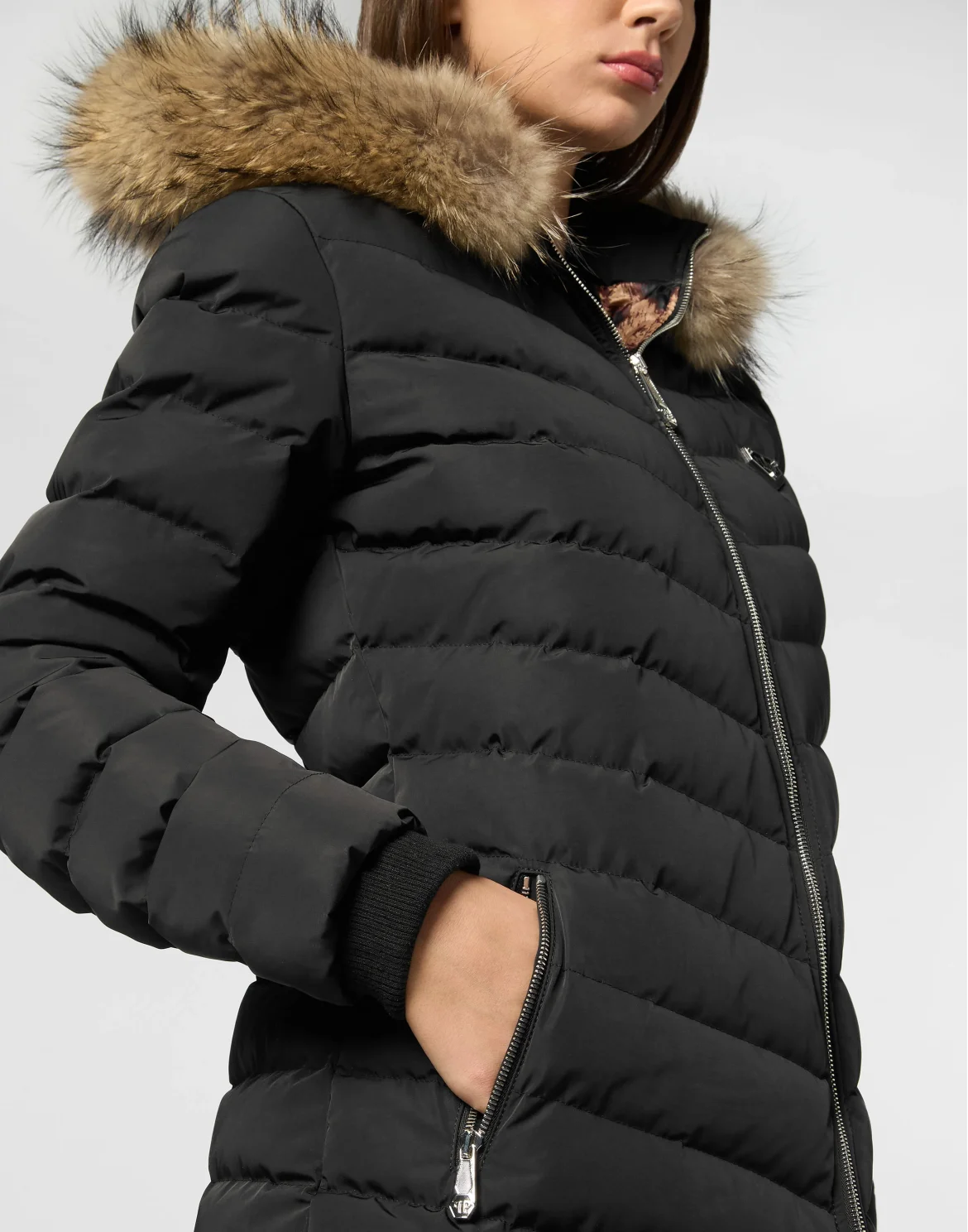 Nylon Puffer Long Down Jacket with Fur Collar, цвет: Черный