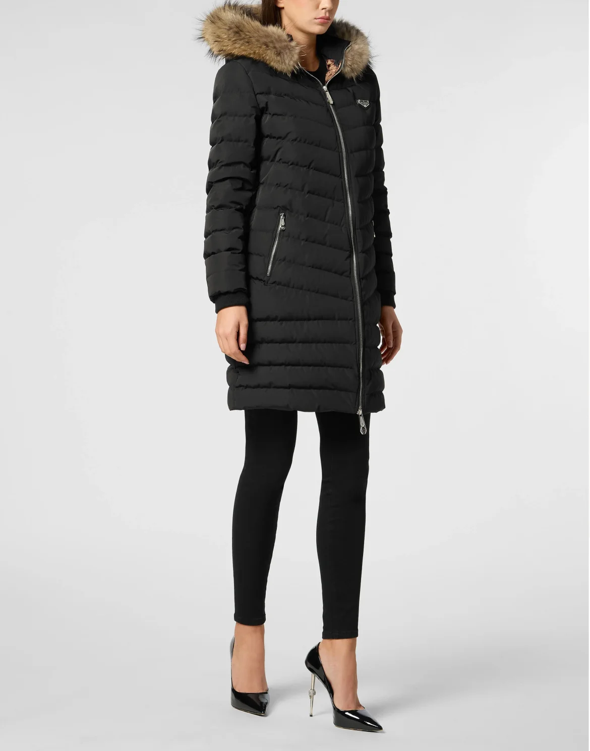 Nylon Puffer Long Down Jacket with Fur Collar, цвет: Черный