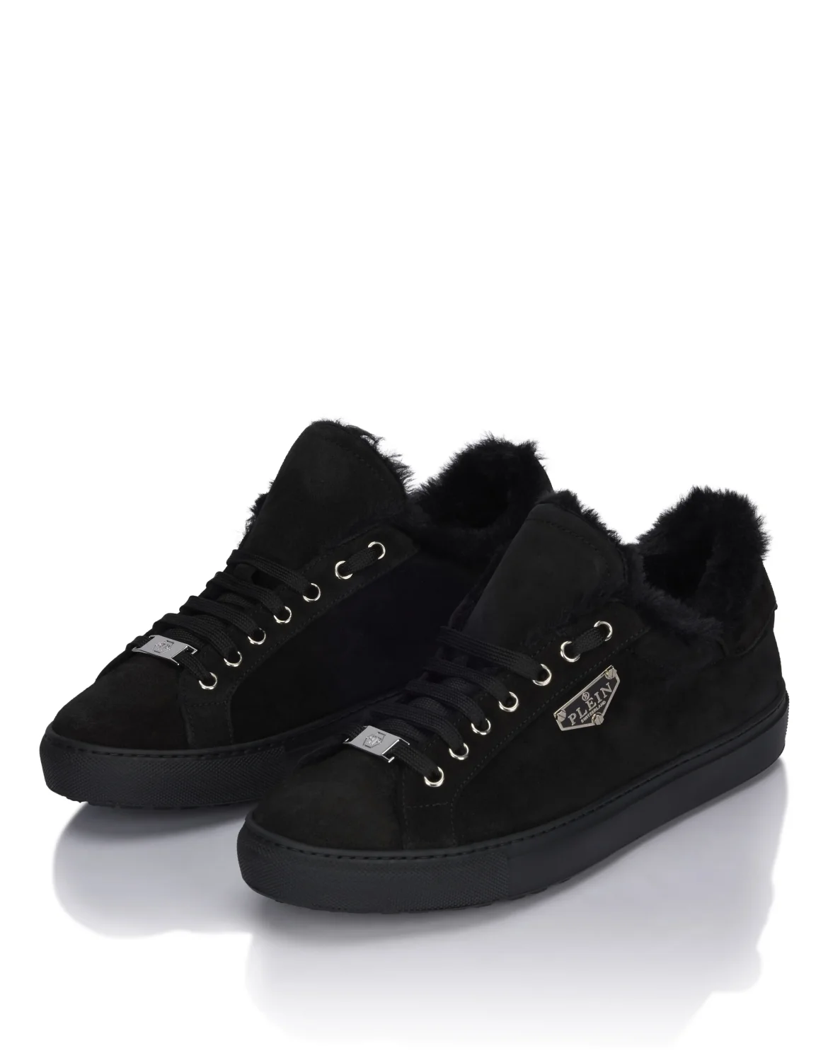 Suede and Sheepskin Low Top Sneakers, цвет: Черный