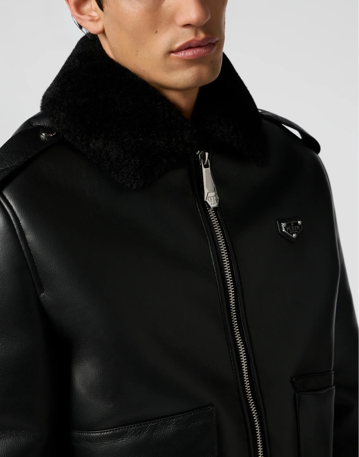 Slim Fit Eco Shearling Aviator Jacket, цвет: Черный