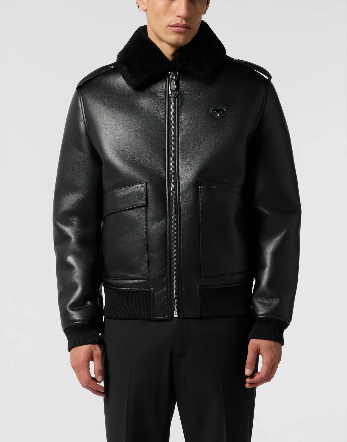 Slim Fit Eco Shearling Aviator Jacket, цвет: Черный