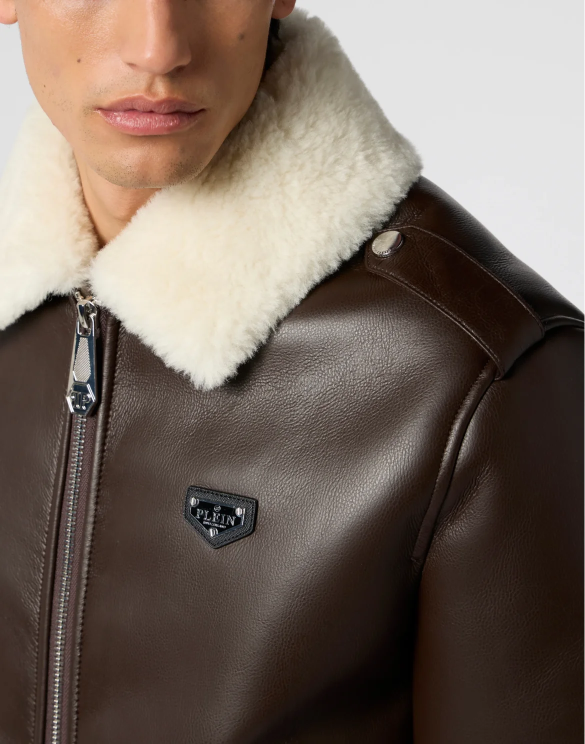 Slim Fit Eco Shearling Aviator Jacket, цвет: Коричневый