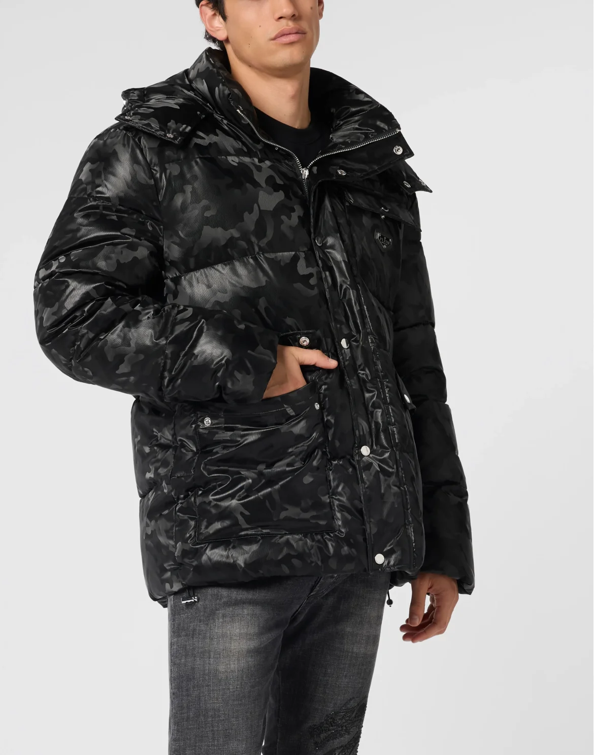 Oversize Shiny Nylon Puffer Jacket Camouflage, цвет: Черный