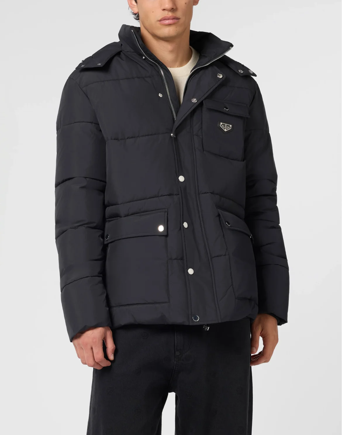 Oversize Nylon Puffer Jacket Gothic Plein, цвет: Черный