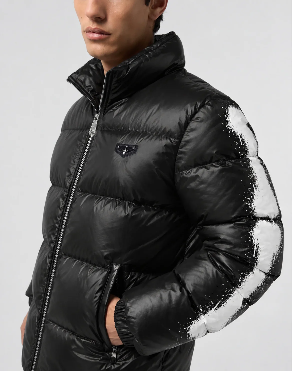 Skeleton Shiny Nylon Puffer Jacket, цвет: Черный