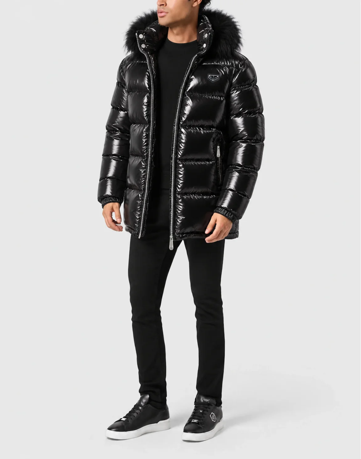 Shiny Nylon Puffer Jacket Fox Fur, цвет: Черный
