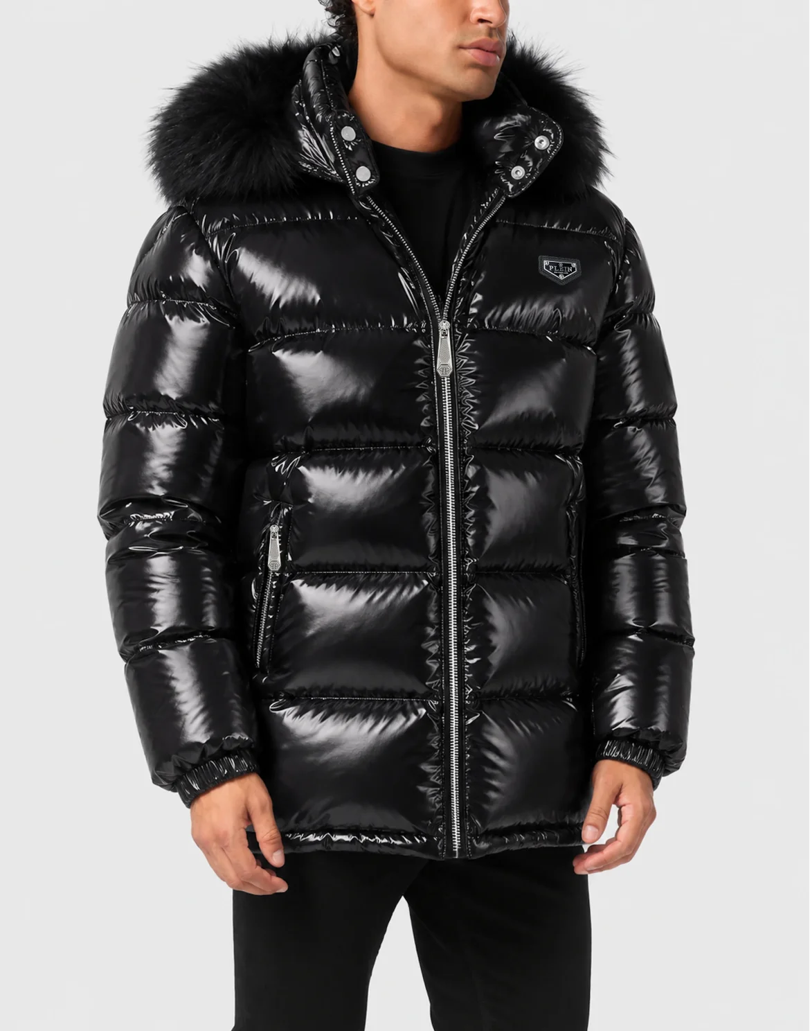 Shiny Nylon Puffer Jacket Fox Fur, цвет: Черный
