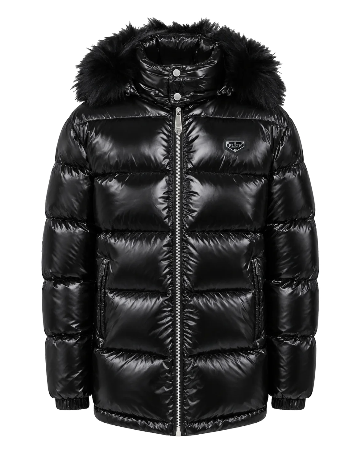 Shiny Nylon Puffer Jacket Fox Fur, цвет: Черный