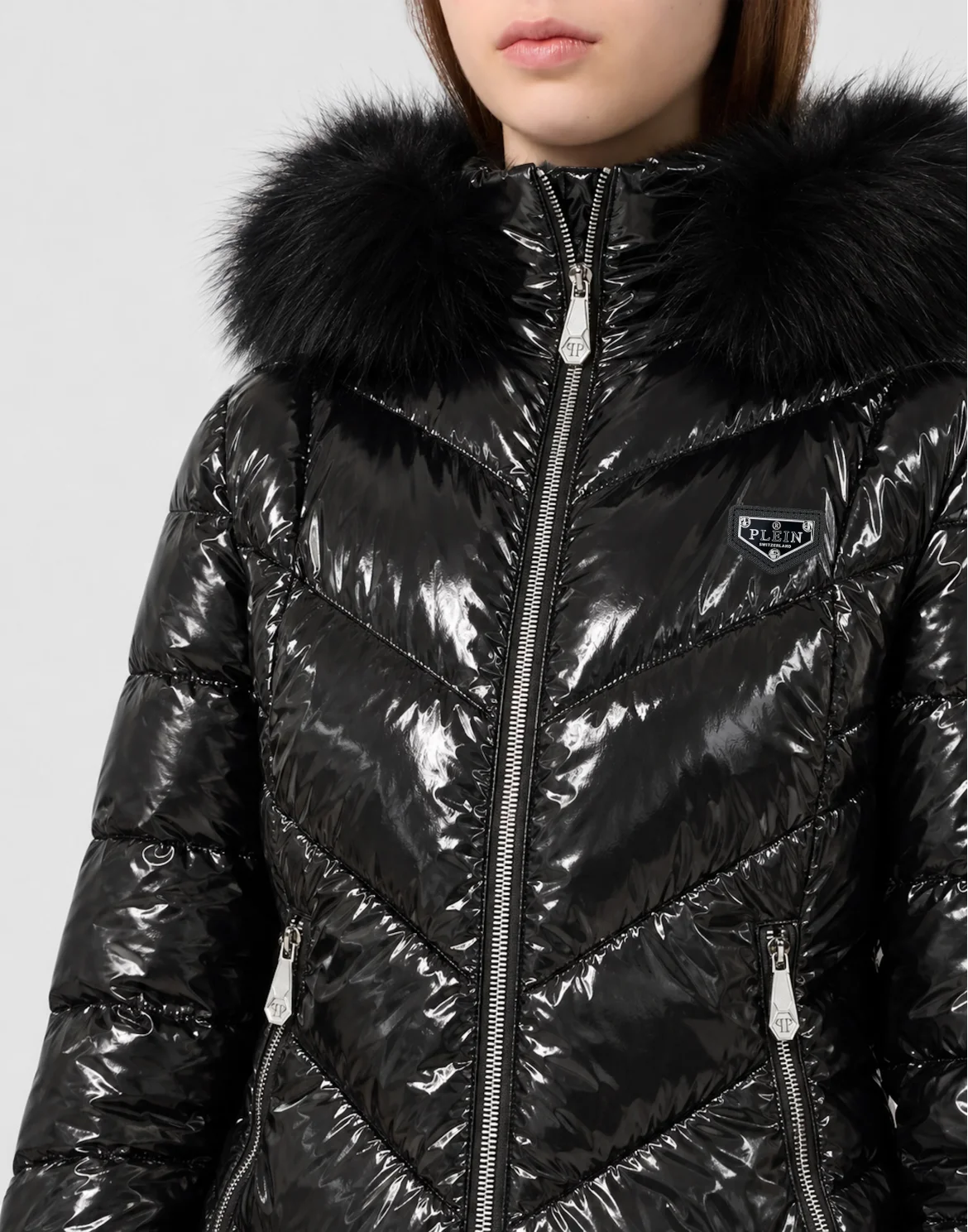 Shiny Nylon Padded Long Jacket Fox Fur, цвет: Черный