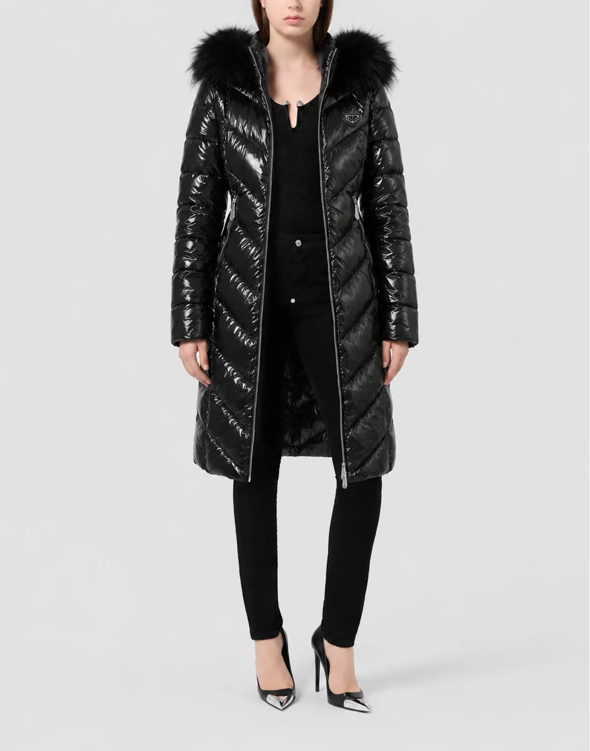 Shiny Nylon Padded Long Jacket Fox Fur, цвет: Черный