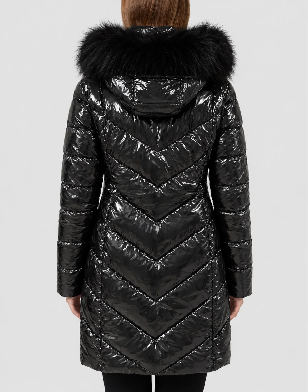 Shiny Nylon Padded Long Jacket Fox Fur, цвет: Черный