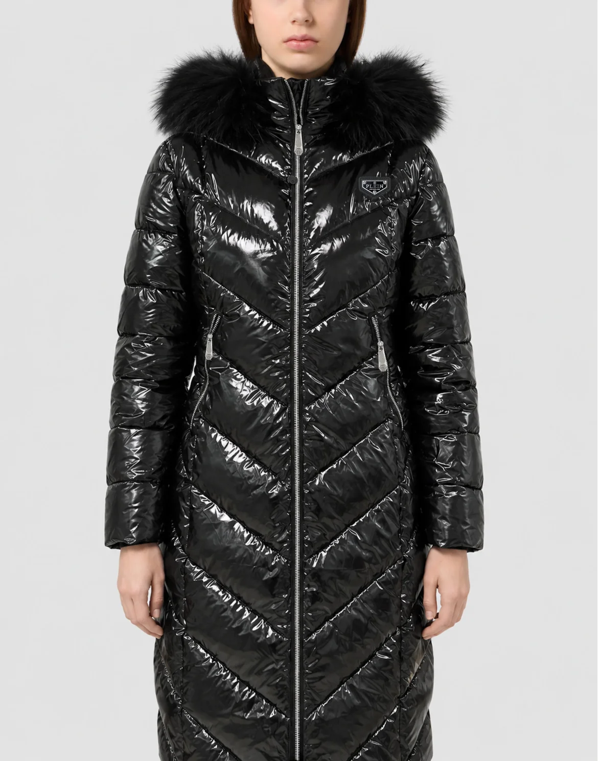 Shiny Nylon Padded Long Jacket Fox Fur, цвет: Черный