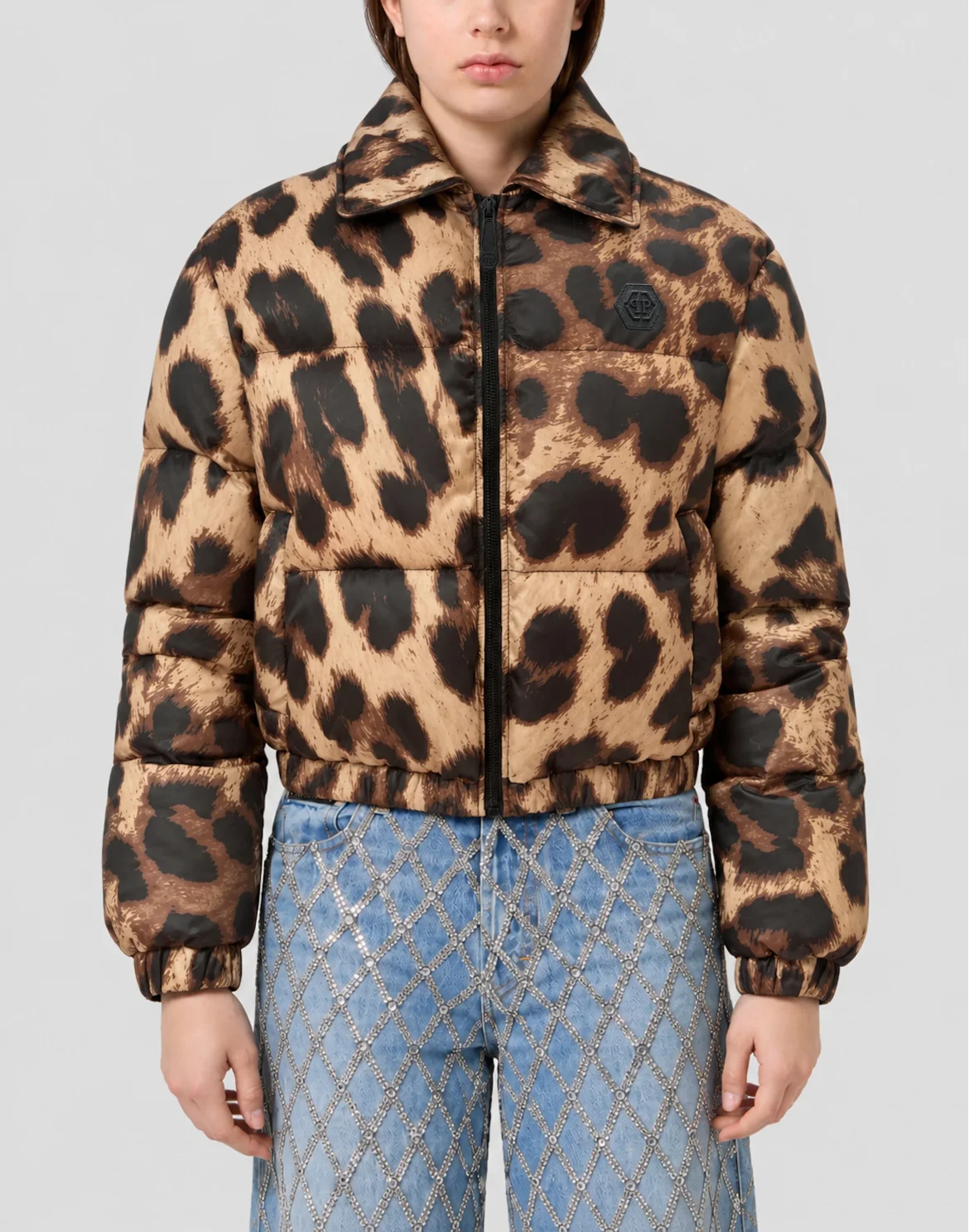 Cropped Nylon Down Jacket, цвет: Леопард