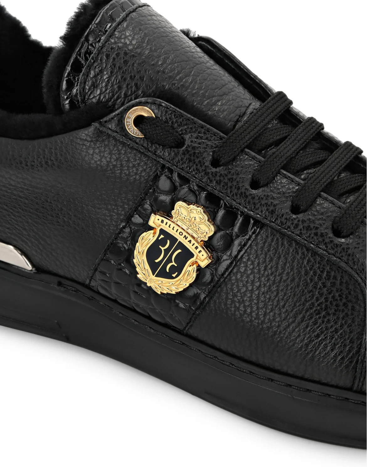 Leather & Shearling Lo-Top Sneakers, цвет: Черный