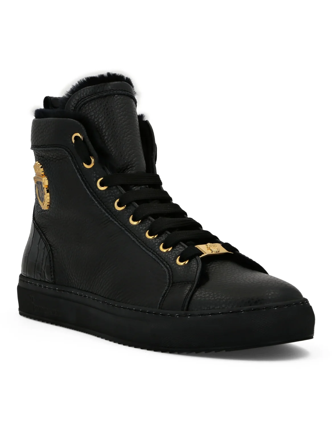 Leather Hi-Top Sneakers with Real Fur, цвет: Черный