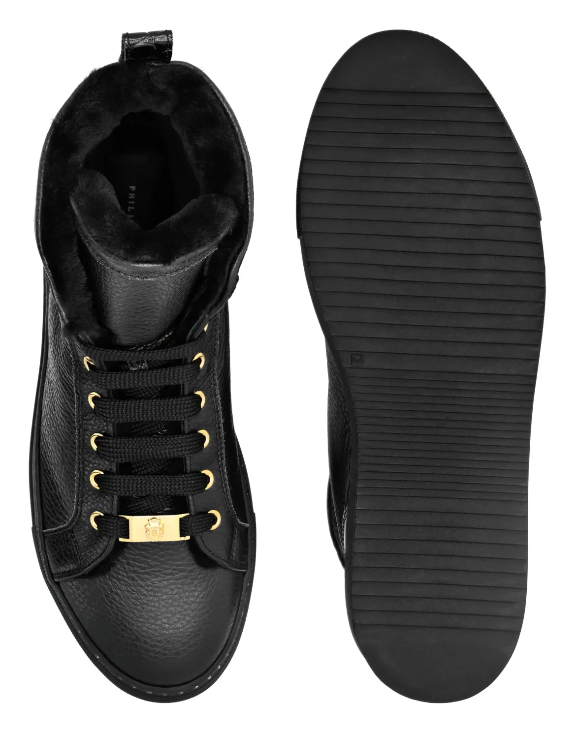Leather Hi-Top Sneakers with Real Fur, цвет: Черный