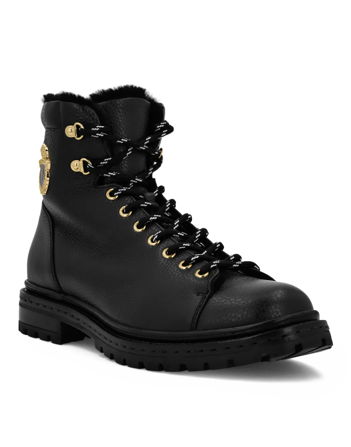 Leather Boots Mid Flat With Fur, цвет: Черный