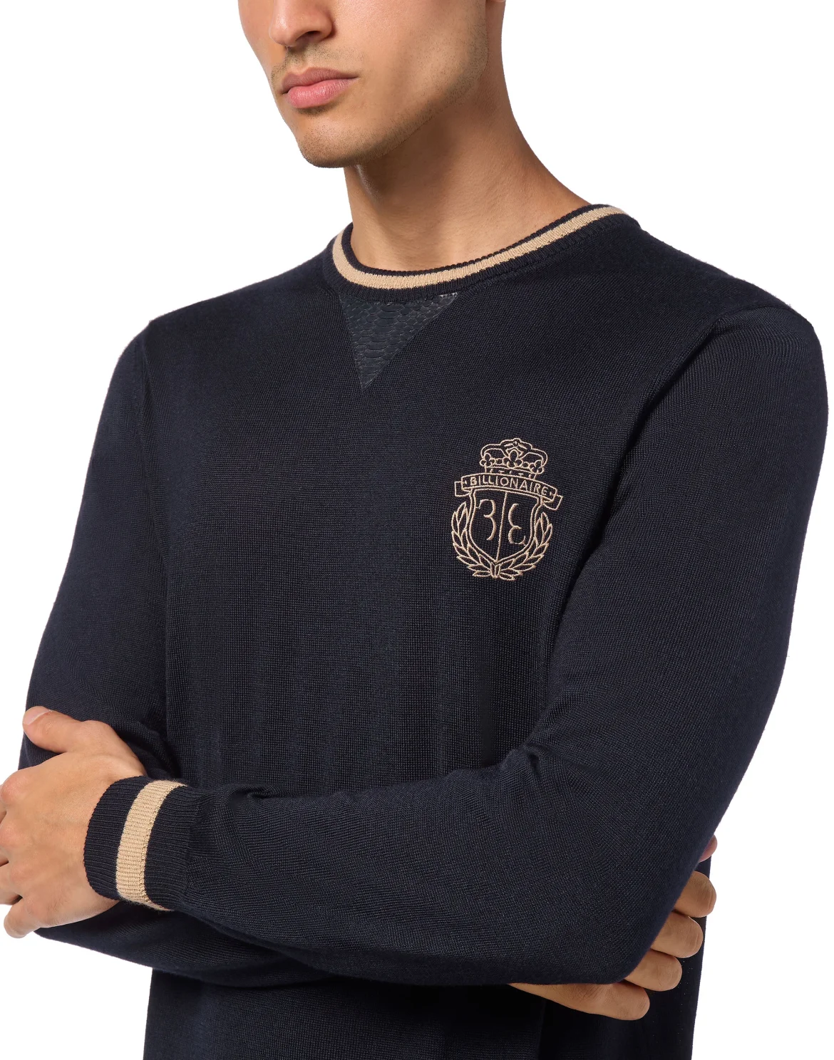 Cashmere & Silk Pullover Round Neck LS with Elaphe Inserts, цвет: Синий