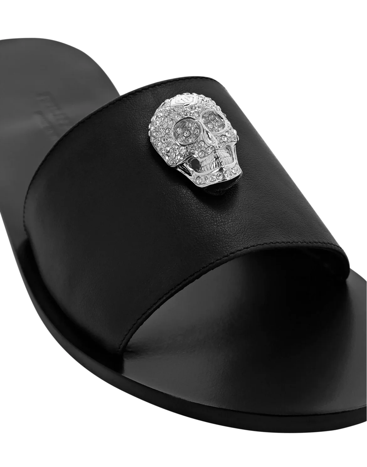 Leather Sandals Flat Skull crystal, цвет: Черный