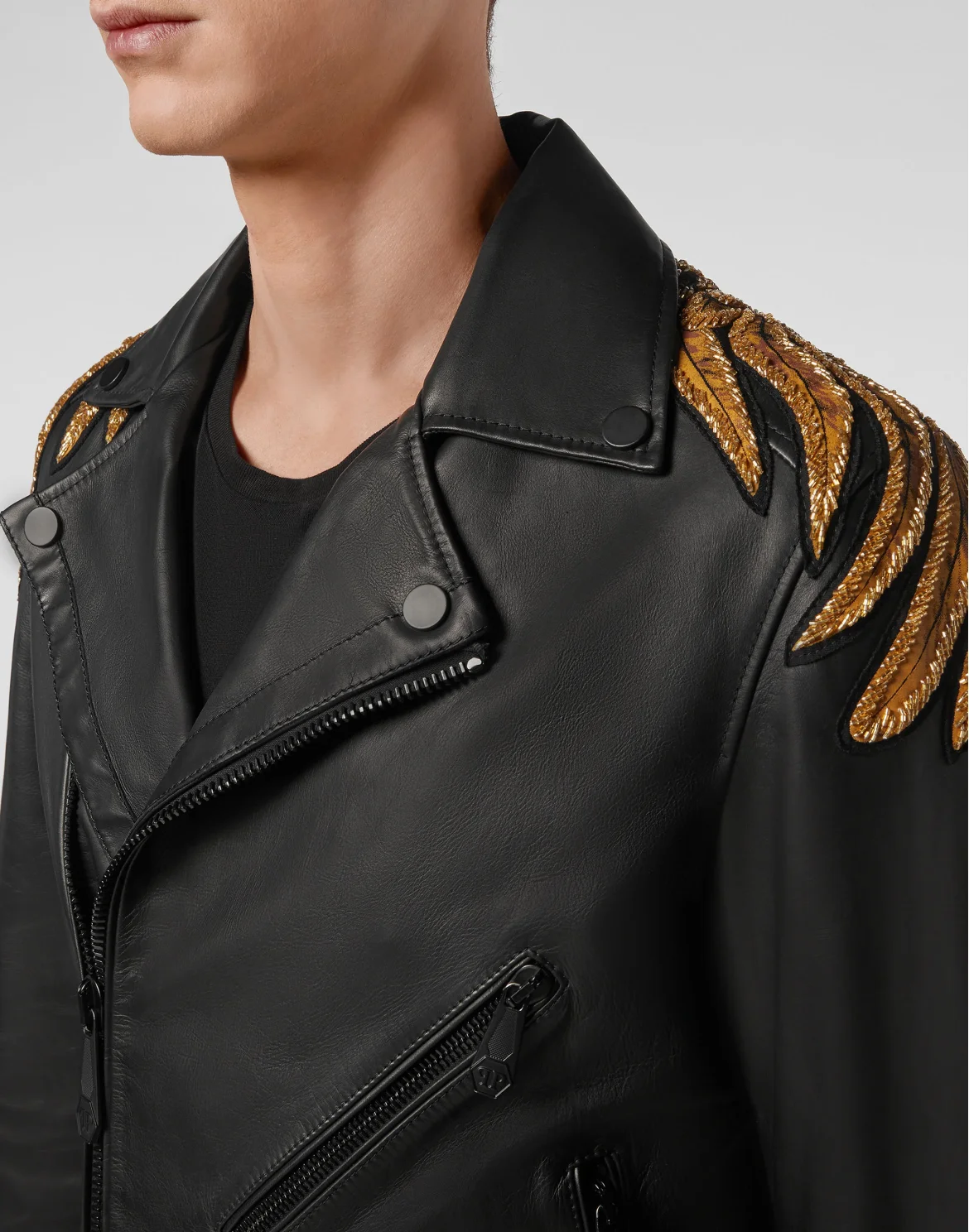 Leather Biker Hand stitched Golden Eagle, цвет: Черный