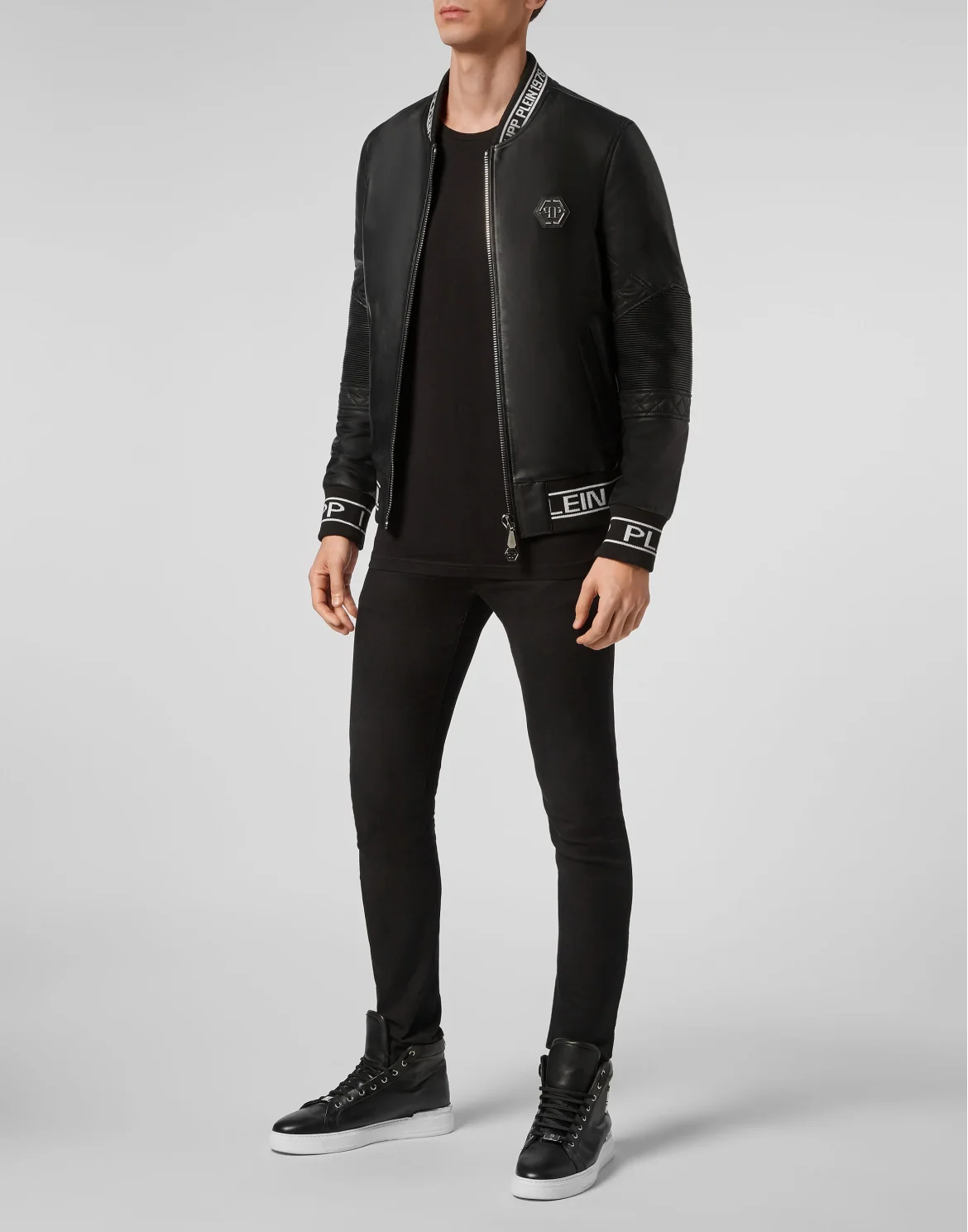 Leather Bomber Slim Cut Embroidery 3D PP1978, цвет: Черный