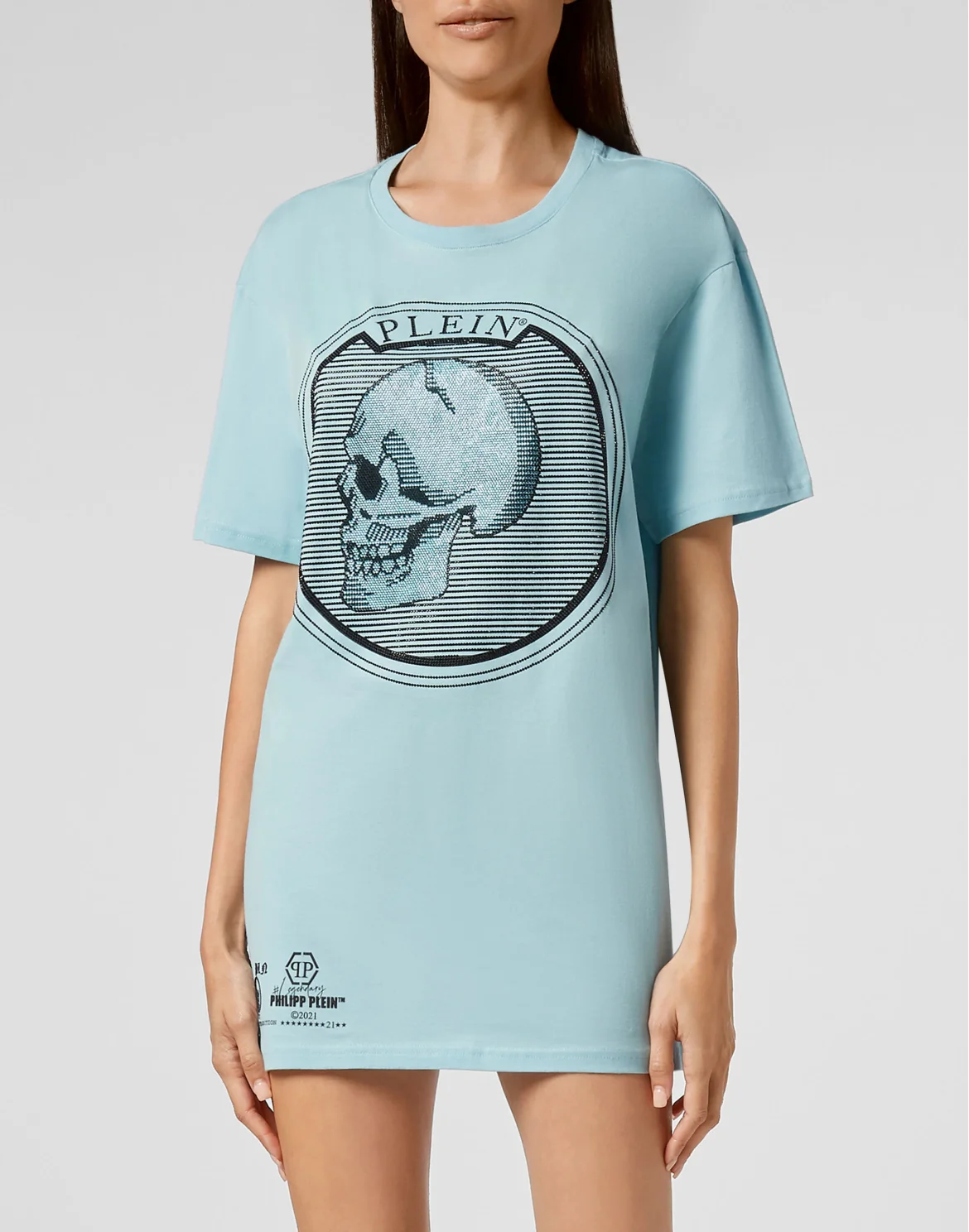 T-shirt Round Neck SS Outline Skull crystal, цвет: Голубой