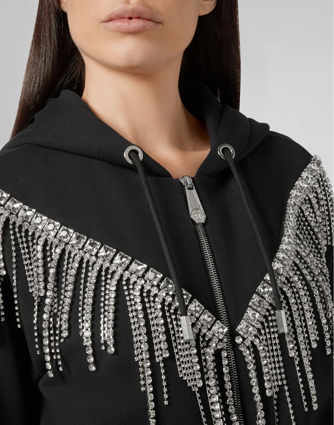 Hoodie Sweatjacket Crystal Fringe, цвет: Черный