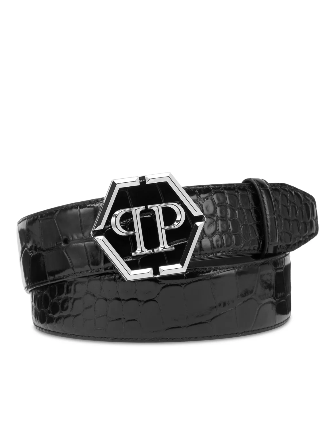 Leather Cocco Print  Belt Hexagon, цвет: Черный
