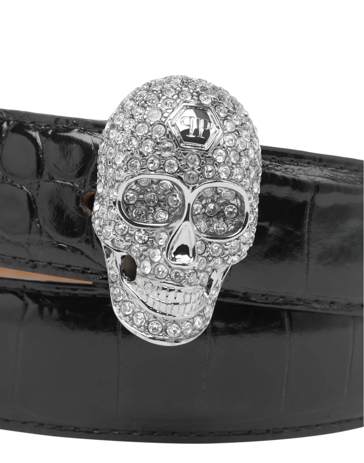 Leather Crocco Print Belt Crystal Skull with Crystals, цвет: Черный