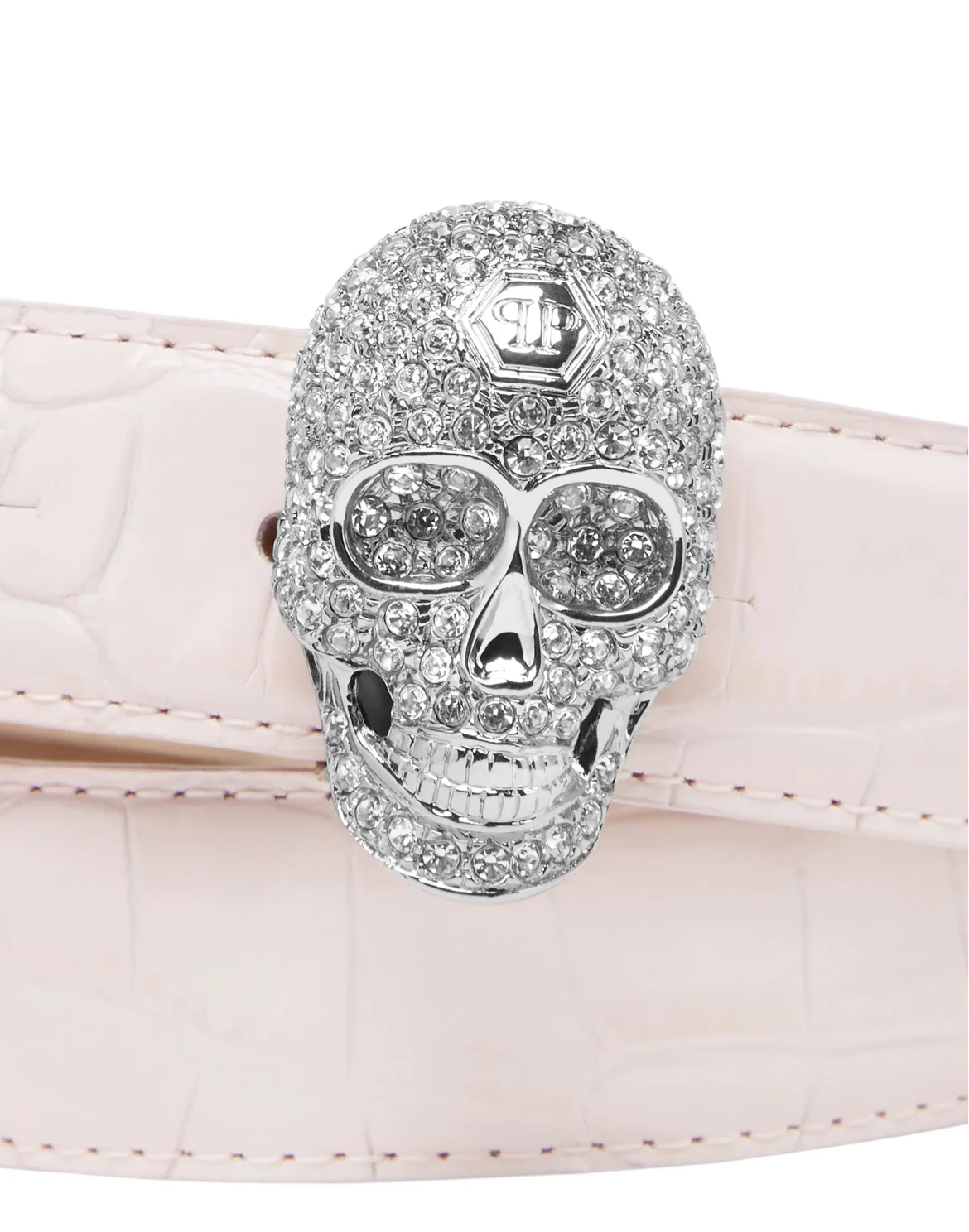 Leather Crocco Print Belt Crystal Skull with Crystals, цвет: Розовый