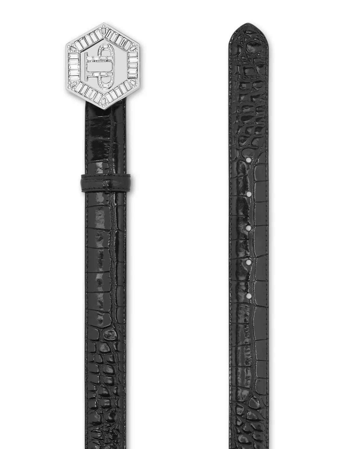 Leather Cocco Print  Belt Hexagon with Crystals, цвет: Черный