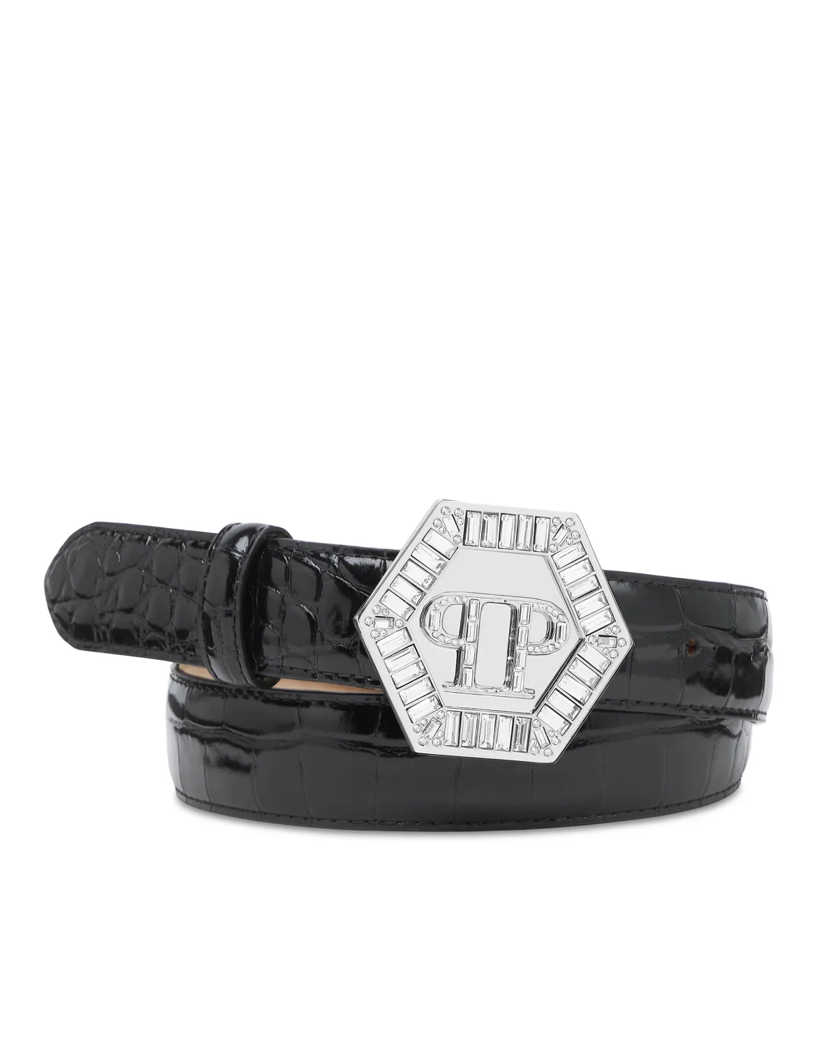 Leather Cocco Print  Belt Hexagon with Crystals, цвет: Черный